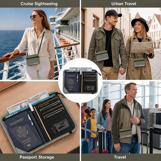 P.travel Passport Holder for Travel, RFID Blocking Passport Wallet with Adjustable Shoulder Strap, Holds 3 Passports, 4 Card Slots & AirTag Slot, Lightweight Travel Essentials for Men & Women