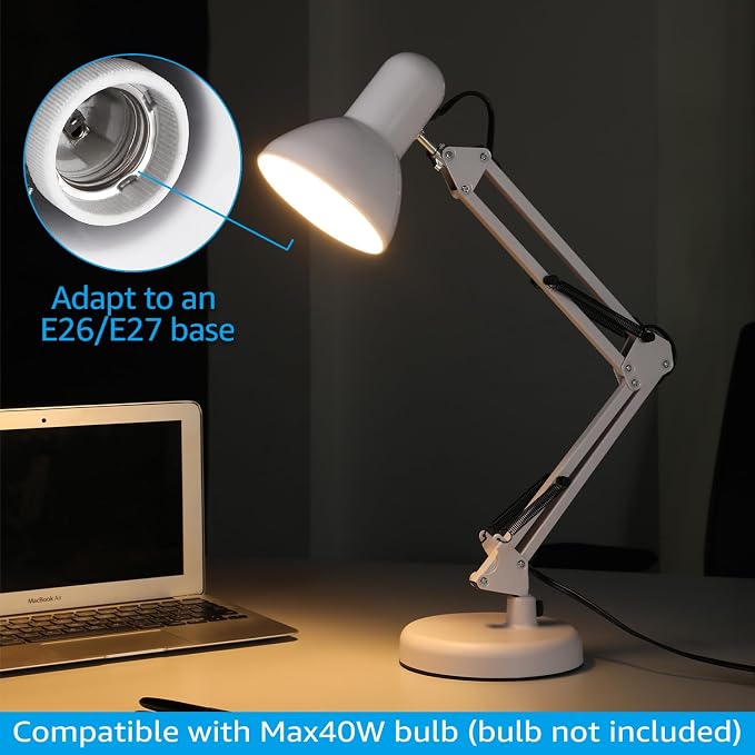 TORCHSTAR Metal Desk Lamp, Adjustable Swing Arm, E26, White | Architect Gooseneck Multi-Joint Clip Table Lamp with Plastic Clamp, for Home Office, Work, Study, Reading, Bulbs not Included