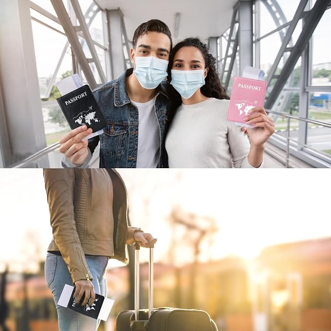 2 Pcs Passport Holders,Ultra Slim Passport Wallet for Travel Essentials | PU Leather Passport Cover for Women and Men (Black & Pink)