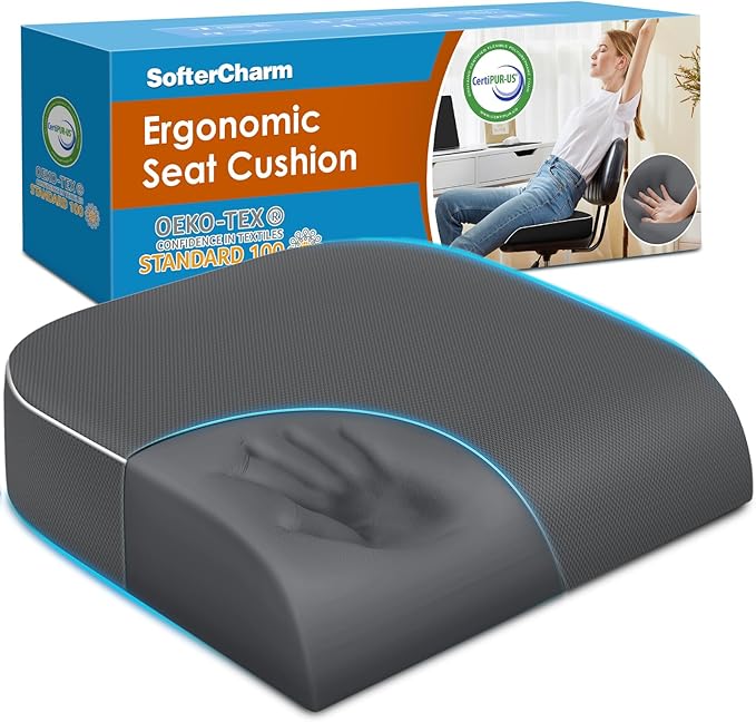 Seat Cushion, Memory Foam Office Chair Cushions for Long Sitting Hours, Chair Pad for Sciatica, Coccyx, Tailbone, Hip Pain & Pressure Relief, Office, Home, Car Seats,Airplane, Gray/X-Large