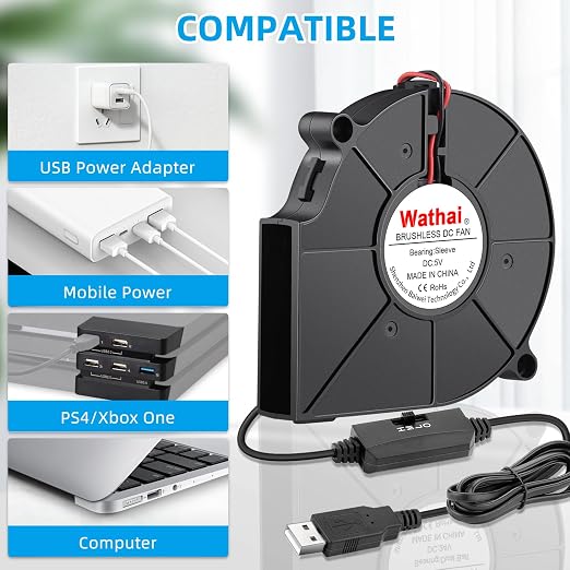 Wathai 75mm x 15mm USB Blower Cooling Fan 5V DC Turbo Small Fan DIY Cool | DC Brushless Turbo Small Computer Case Blower Fan for Cooling Electronics, Hard Hat, Helmet, and DIY Projects