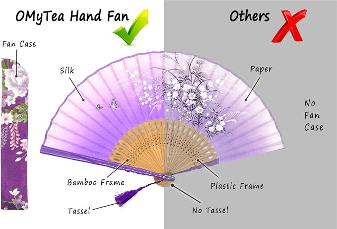 OMyTea® "Grassflowers 8.27"(21cm) Hand Held Folding Fans - With a Fabric Sleeve for Protection for Gifts - Chinese/Japanese Vintage Retro Style (Purple)