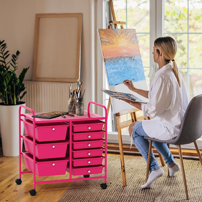 COSTWAY Rolling Storage Cart with 9 Drawer, Utility Cart with Metal Frame | Mobile Art Supply Craft Organizer, Multipurpose Storage Organizer for Paper, Office, School Teacher, Classroom, Hot Pink