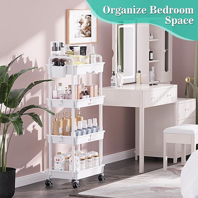 SUNALLY 4 Tier Rolling Cart with Drawer, Craft Storage Cart Organizer,White | Bathroom Storage Organizer with 2 Lockable Wheels, Rolling Utility Cart for Kitchen, Office, Baby, Makeup, Nail,Snack,Laundry