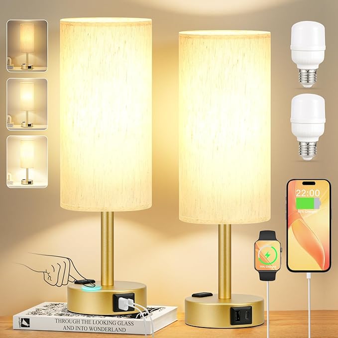 Touch Bedside Table Lamps Set of 2 - Bedroom Lamp with USB A+C, AC Outlet | 3-Way Dimmable, LED Bulb Included, Linen-Texture Fabric Lampshade, Matte Gold Metal Base, 14" Small Nightstand Lamp for Dorm