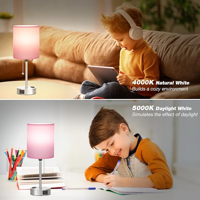 Small Bedside Table Lamp for Bedroom - Desk Lamp with USB Ports for Dorm | USB A+C Ports, AC Outlet, 3-Color Temps, LED Bulb Included, Soft Pink Fabric Shade, Sleek Silver Base, 14" Night Stand Lamp