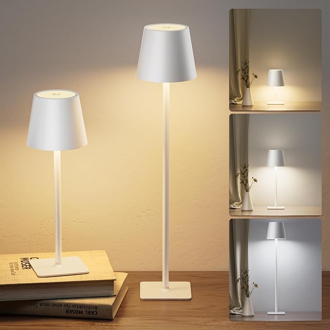 JACKYLED Cordless Lamp DIY Height, 3 Color Stepless Dimming, 5000Capactiy Opwer Operated Lamp Portable Rechargeable for Bedroom Dinning Kitchen, White, 2 Pack