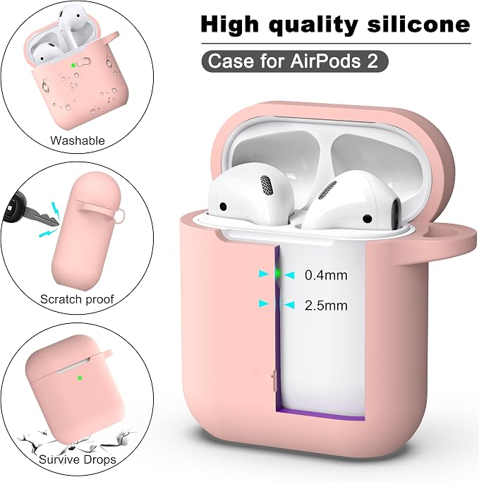 R-fun for AirPods 1/2 Case, Soft Silicone Protective Cover with Keychain and Cleaning Pen, Compatible with AirPods 2nd/1st Generation (2016/2019), Full Drop Protection Cover, Sand Pink