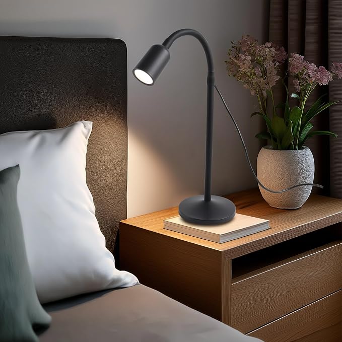 DAMI Small Desk Lamp with Flexible Gooseneck, USB Reading Light Nightstand with 3 Color Temperatures, Dimmable Eye-Caring Bedside Table Lamp for Home Office Bedroom Dorm RV - Black
