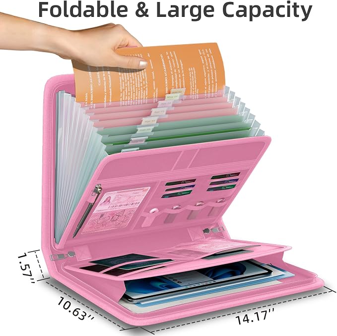 Fireproof Accordion File Organizer, Expanding File Folder with 13 Pockets | Portable Document Organizer with Waterproof Zipper & Labels, File Organizer for Important Document/Paper Storage, Pink