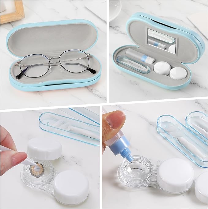 MoKo Double Eyeglass Case, Contact Lens Case with Mirror Tweezers Remover, 2 in 1 Double Sided Portable Contact Lens Box Holder Container Soak Storage Kit Sunglasses Pouch for Men & Women, Light Blue