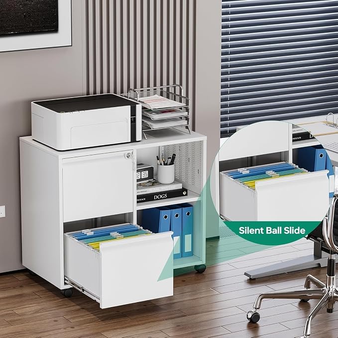 Mobile File Cabinet, Metal Lateral Rolling Printer Stand Filing Cabinets with Shelves for Home Office-Storage A4/F4/Letter (White)