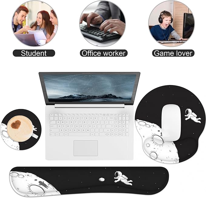 Ergonomic Mouse Pad with Wrist Rest and Keyboard Wrist Rest, Mousepad | Memory Foam Wrist Rest for Computer Keyboard, Pain Relief, Non-Slip Base, Mouse Pad with Wrist Support for Gaming, Astronaut