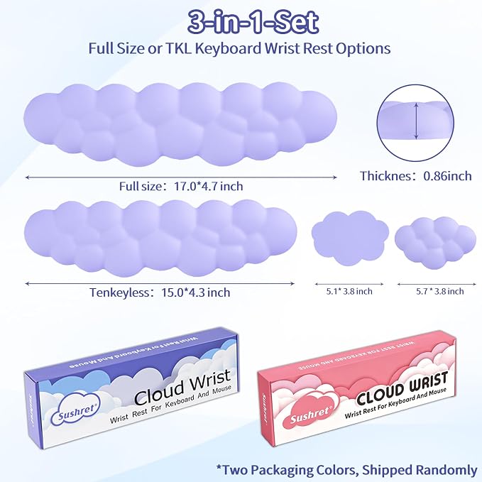 Cloud Wrist Rest Keyboard, Cloud Keyboard Wrist Pad Set with PU Leather Memory Foam, Cute Arm Rest for Palm Support, PC/Gaming Desk Accessories/Office Setup/Computer Hand Cushion - Purple