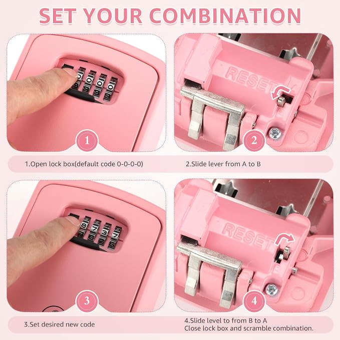 Iron Lock® XXL Wall Mount Key Lock Box, Outdoor Combination Code (Pink) | Fits 20-30 spares plus fobs & cards; unique built-in tray so keys don't fall out; dial cover; screws & anchors included