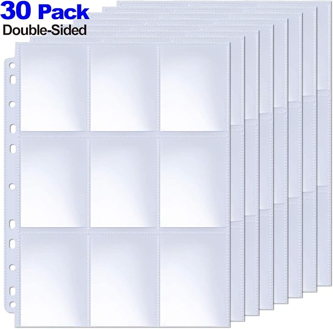 ABLY 540 Pockets Double-Sided Trading Card Pages Sleeves 9-Pocket Clear Plastic Game Card Protectors for Skylanders, Pokemon, Baseball Cards and More, Fit 3 Ring Binder (30 Pages)
