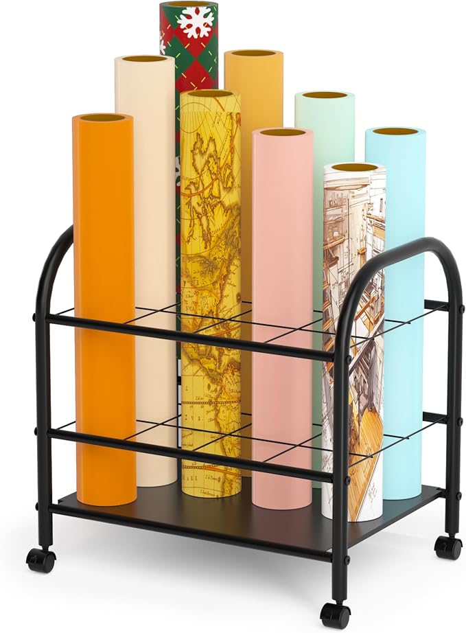 Blueprint Storage Holder with Wheels – 12-Slot Metal Roll File Rack with Silent Casters & Brakes for Blueprints, Wrapping Paper, Posters, Maps – Mobile File Cart for Office & Home (Black)