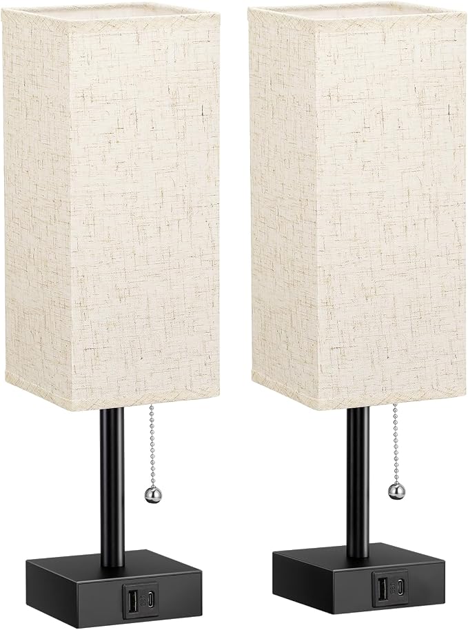 Bedside Lamps for Bedroom Set of 2 - Small Rectangular Nightstand Lamp with USB A C Charging Port, 3 Color Temperatures Desk Light with Bulb, Tabletop Reading Lamp for Living Room/Dorm/Office | USB A+C Ports, 3 Color Temperatures, LED Bulb Included, Pu...
