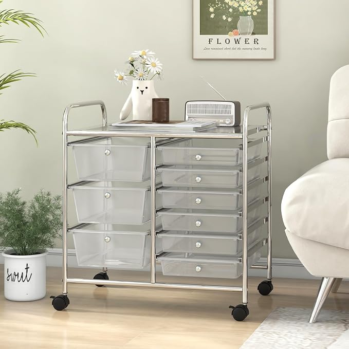 9 Drawer Rolling Storage Cart, Rolling Cart with Drawers for Classroom, Art Supply Craft Organizer on Wheel with Metal Frame & Handles for Home Office School