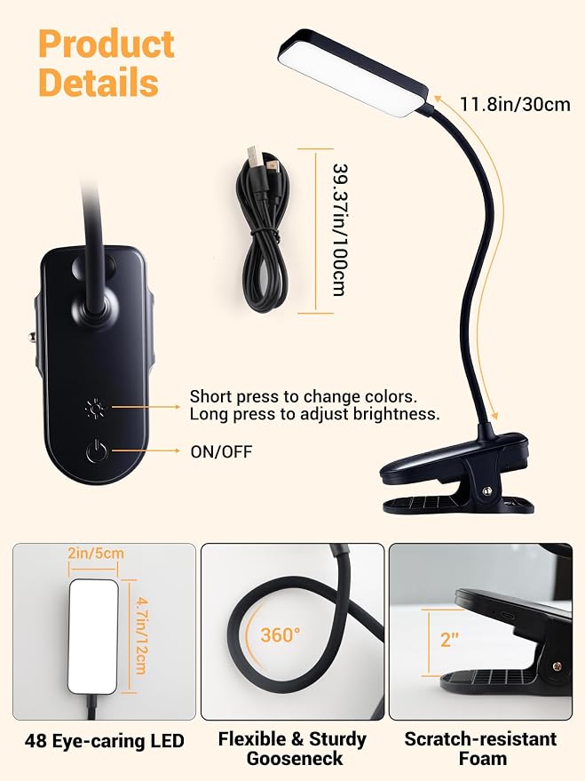Clip on Light,9 Brightness+5 Color Rechargeable Lamp,48 LED Small Desk Lamp | 4000mAh Battery Powered Lamp,450 Lumen Clamp Light, Wireless & Cordless Book Reading Light for Bed/Bedside Table/Bedroom/Dorm