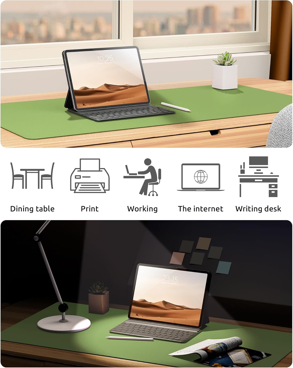 YSAGi Leather Desk Protector, Office Mat, Large Mouse Mat, Non-Slip PU Leather Blotter, Laptop Pad, Waterproof Writing Pad for Office and Home (Leaf Green, 23.6" x 13.8")