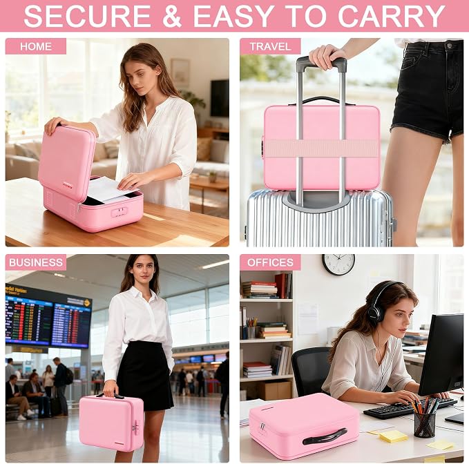 Fireproof Document Box with Lock, Hard-Shell Fireproof & Waterproof Safe Box for Home Office, Portable Document Organizer Stocking Stuffs for Women or Men Christmas Gifts (Pink