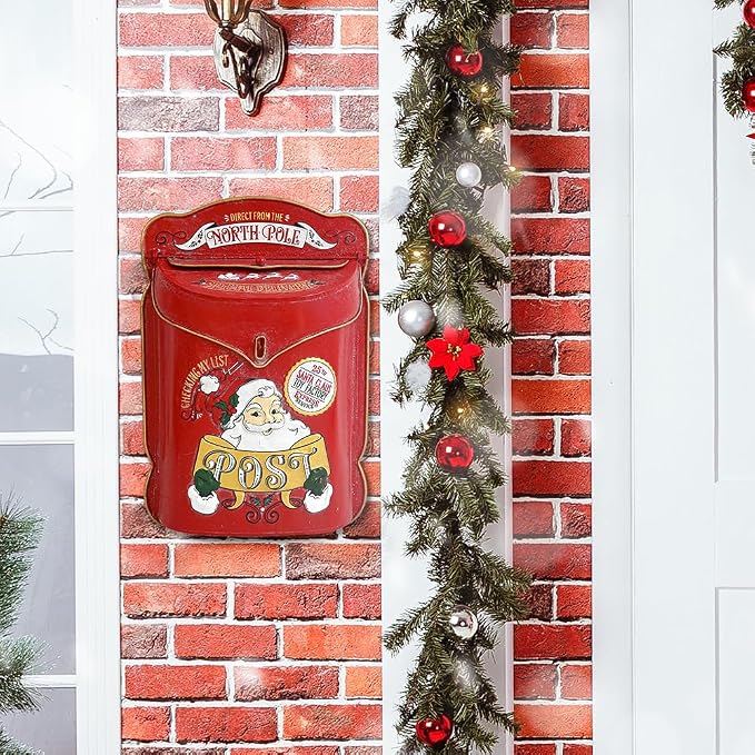 Xmas Letters to Santa Mailbox Wall Mount Christmas Mail Boxes for House Outside Metal North Pole Post Box Vintage Red Christmas Home Decor