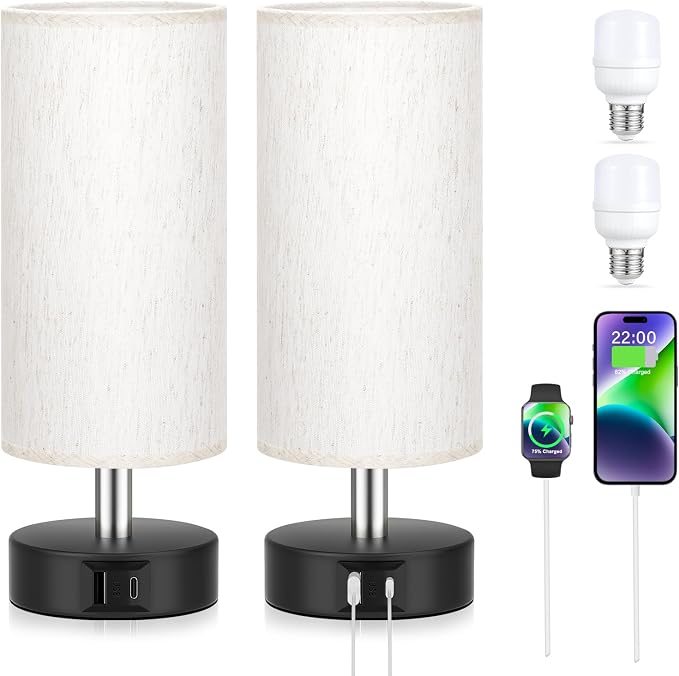 Small Table Lamps for Bedroom set of 2 - Touch Lamps with 3 Way Dimmable | Two LED Bulb Included | USB C and A Ports | Cream Shade and Black Base | Bedside Lamp for Nightstand