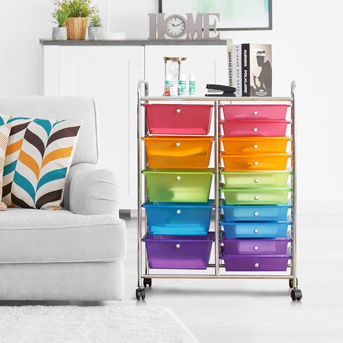 COSTWAY 15 Drawer Rolling Storage Cart, Mobile Storage Organizer | Removable Drawers & Metal Frame, Multipurpose Utility Tools Paper Organizer on Wheels for Home, Office (Rainbow)