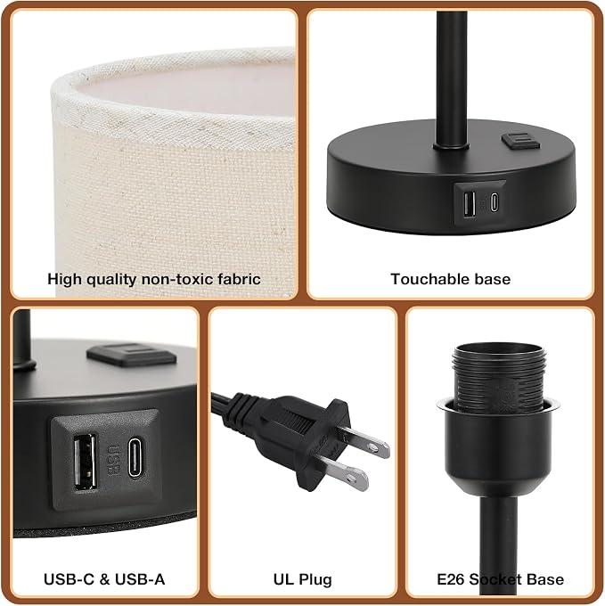 Dicoool 17.4" Bedside Lamp for Bedroom - Dimmable Touch, USB A+C, AC Outlet | LED Bulb Included, 3-Way Dimmable, 17.4" Table Lamp for Living Room, Dorm, Beige Fabric Lampshade, Black Metal Base