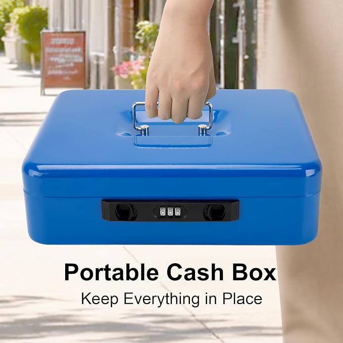 Jssmst Locking Cash Box with Coin Lid, 11.8L x 9.5W x 3.5H Inches, Latch Safe Money Box with Combination Lock, Blue