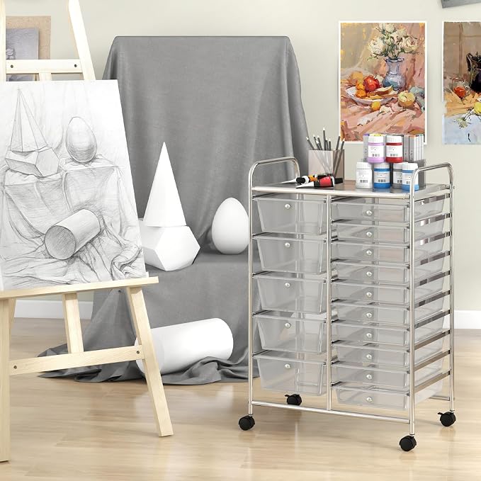 BECOMFORT 15-Drawer Rolling Cart with Drawers, Storage Cart on Wheels, Teacher Classroom Organizers with Metal Frame, Mobile Craft Cart for Tools, Trolley Utility Cart for School Office Play Room