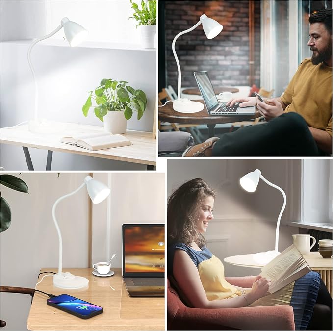 BOHON LED Desk Lamp with USB Charging Port, 3 Color Modes Dimmable, White | Reading Lamp, Auto Dimming Task Lamp, Flexible Neck Table Light for Dorm Bedside, Adapter Include