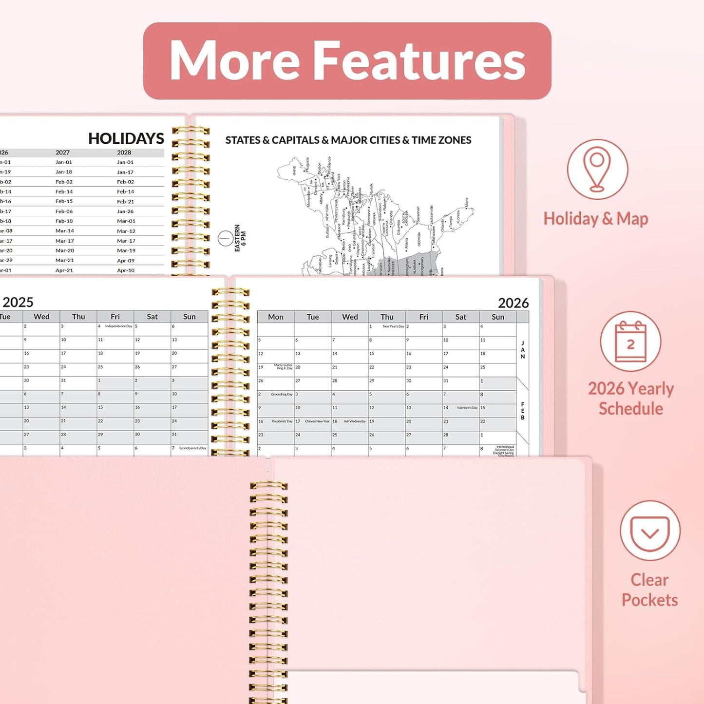 SUNEE 2026 Weekly and Monthly Planner - from January 2026 - December 2026, 8.5"x11" Daily Agenda Planner with Monthly Tab, Flexible Cover, Note Pages, Pockets, Bookmark, Spiral Binding, Pink