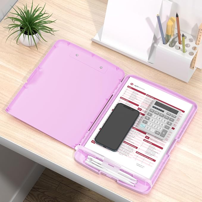 Rimilak Clipboard with Storage, 8.5 x 11'' High Capacity Clip Board, Pink | Smooth Writing, Side-Opening Plastic Folder with Pen Holder, Size 14.2 x 9.6 x 1.2″ ,for Classroom, Teacher, Student