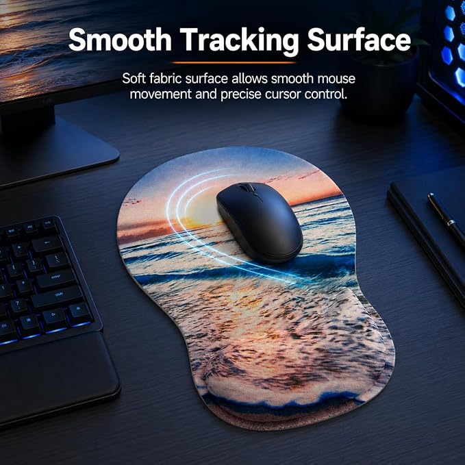 Mouse Pad with Wrist Rest Ergonomic Memory Foam Support, Non-Slip Rubber Base, Comfortable Typing Cushion for Home Office Computer Laptop, Beach