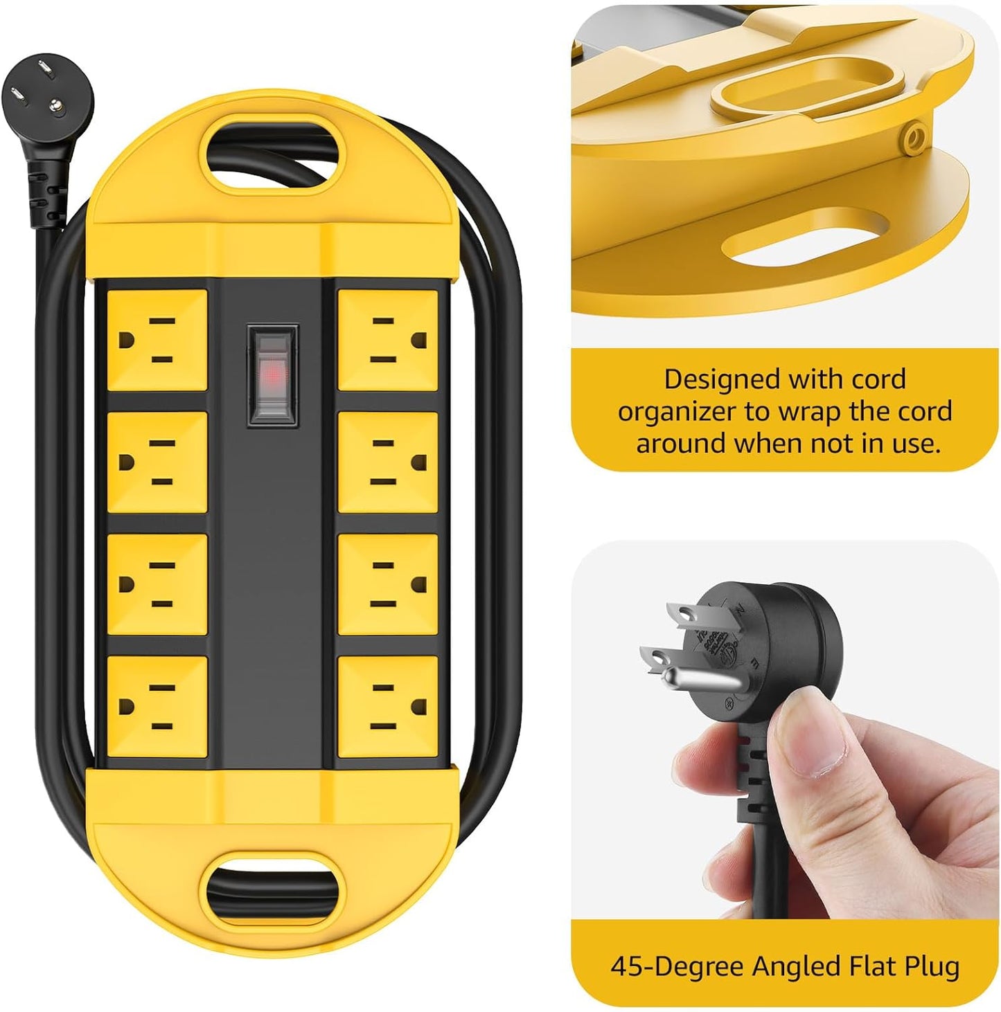 CCCEI 2 Outdoor Power Strips Weatherproof with 8 Plug, Waterproof Extension Cord with Multiple Outlets, Christmas Exterior Garden Yard Surge Protector 10FT, Yellow.