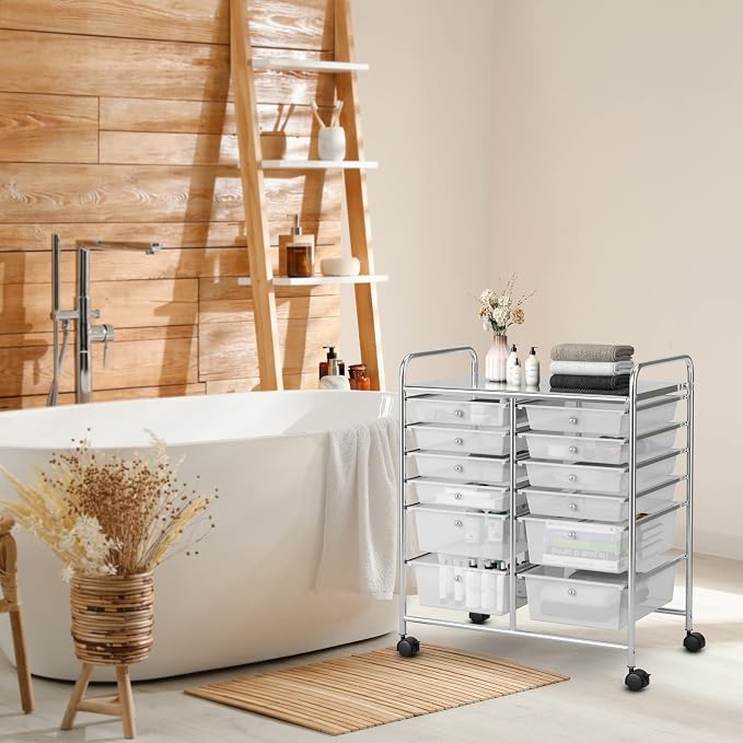 COSTWAY 12-Drawer Rolling Storage Cart, Moveable Art Craft Organizer | Lockable Wheels, Metal Shelf, Files Arrangement Tools Makeup Storage Cart for Office, Home, School (Clear)