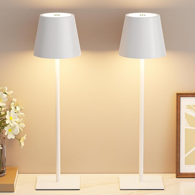 Kakanuo White Gold Cordless Rechargeable Table Lamp 5000mAh Battery Operated Lamps, 3 Colors Stepless Dimming Touch Lamp for Living Room, Kitchen Counter, Dining, Outdoor Patio, 2 Pack