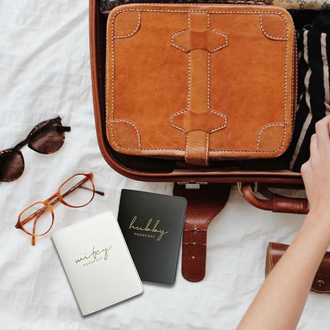 Mr&Mrs Gifts Matching Passport Holders for Bride and Groom, Hubby&Wifey Gold Foil Logo, Dual PU Leather with Card Pockets, Honeymoon Travel Essentials Gift for Newlyweds(HW Black White)