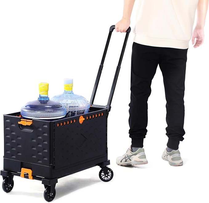 Folding Hand Truck + 2 Pack Collapsible Crate -Teacher Collapsible Rolling Cart with Wheels,Shopping Cart for Groceries,Crate On Wheels and Tote Basket,Mobile Storage for File