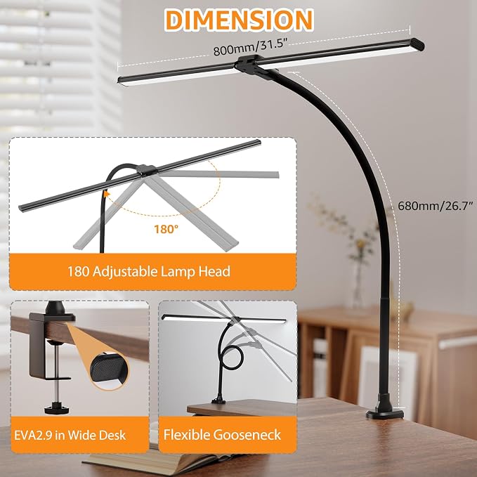 ShineTech LED Desk Lamp for Home Office, Ultra Bright Clamp Light with Flexible Gooseneck, 25 Lighting Modes, Eye-Caring Architect Lamp for Dual Monitors, Reading & Gaming Setup