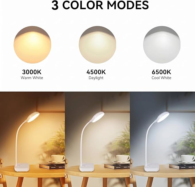 White Small Battery Powered Desk Lamp,Battery operated lamp,5W Rechargeable desk light,3 Colors,Adjustable brightness,360°Gooseneck Hose,Cordless lamps for small spaces,Eye-friendly and Energy Saving