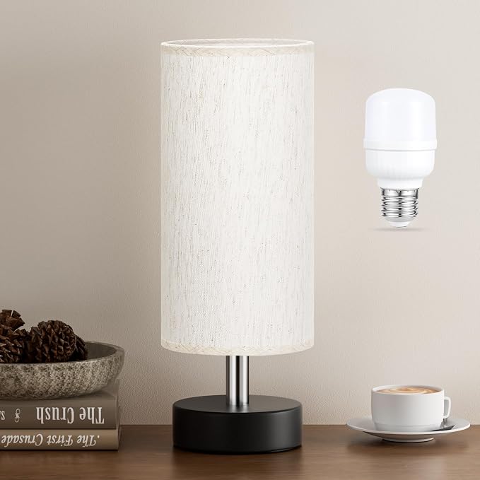 Table Lamp for Bedroom - Bedside Lamps for Night Stands(Blub Included) | Minimalist Desk Lamp | Linen Fabric Shade | for Living Room | for Dorm | 11.6" Inline Control