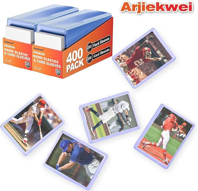 600 Pack Card Sleeves Hard Plastic, Arjiekwei 3"X4" Baseball Cards Protectors Plastic, Premium Card Holder for Trading Sports Baseball Football Game Cards (300 Rigid + 300 Clear)
