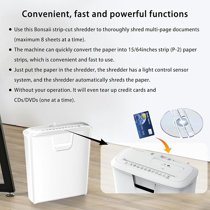 Bonsaii 8-Sheet StripCut Shredder - High Security, CD/Credit Card, Overheat Protection, 3.4 Gal Bin, Ideal for Home Office, Low Noise Operation, White