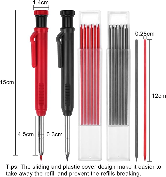 2 Pack Carpenter Pencils Mechanical Pencils with 12 Refills, Construction Pencils with Built-in Sharpener, Long Nib Deep Hole Pencil Marker, Heavy Duty Woodworking Pencil for Architect (2 Colors)