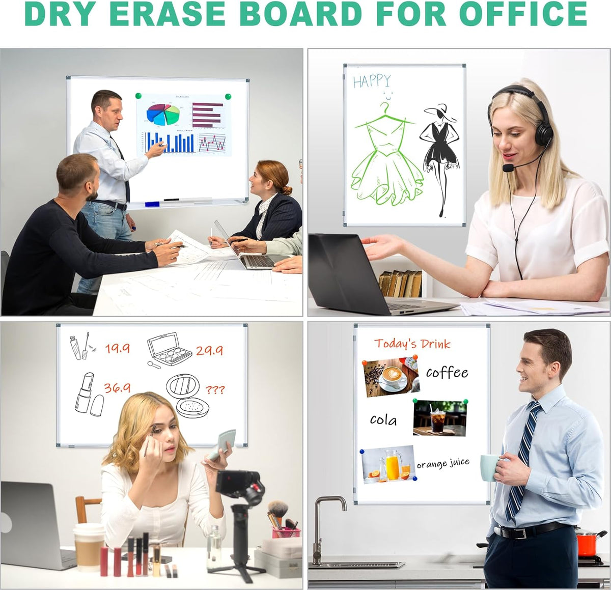 H-Qprobd 4' x 3' Whiteboard Dry Erase White Board for Wall 48x36 (2pcs) Magnetic Boards for Office Classroom & Home, Small Wall Whiteboard Including 6 Markers, 20 Magnets, 2 Erasers