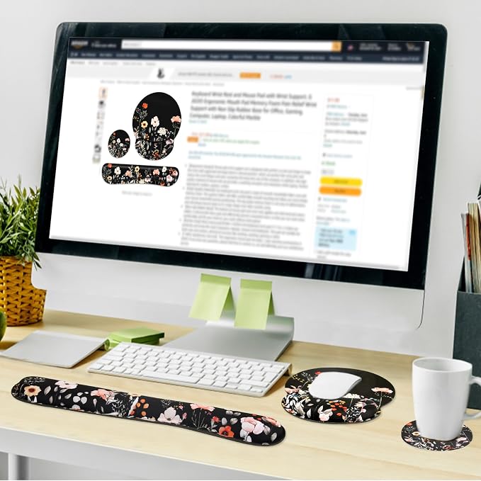 Ergonomic Mouse Pad with Wrist Rest and Keyboard Wrist Rest, Mousepad | Memory Foam Wrist Rest for Computer Keyboard, Pain Relief, Non-Slip Base, Mouse Pad Wrist Support for Gaming, Garden Flowers