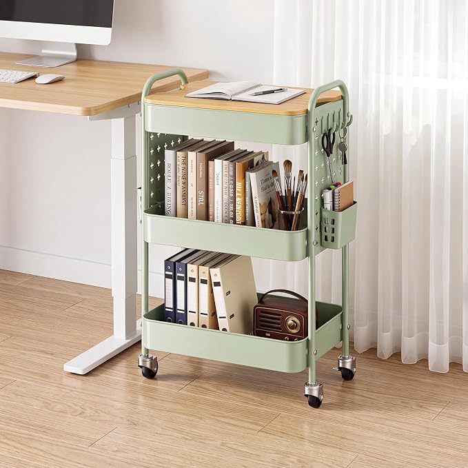 3 Tier Rolling Cart with Table top, Metal Utility Cart with DIY Pegboard | Sturdy Storage Organizer Cart with Locking Wheels,Hooks& Cups for Office, Classroom, Kitchen and Bathroom, Green